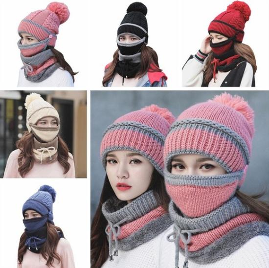 3pcs/Set Fashion Women Winter Knitted Hat Thickened Woolen Cap with Warm Mask and Neck Scarf