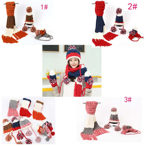 New-model Hat Scarf Gloves Three-Piece Women Korean Warm Knitting Acrylic Fiber Soft Thicken Springy A Three-Piece Of Hat Scarf Gloves