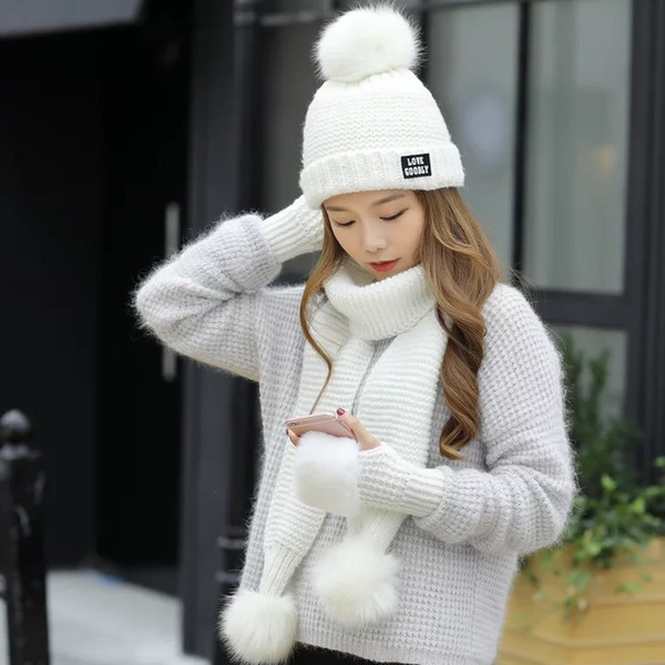 Korean Version Of Autumn And Winter Fashion Ladies Wool Knit Scarf Hat Gloves Warm Three-piece Warm