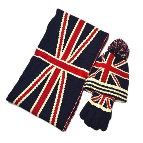 Winter Warm Hats Scarf Glove Set Man Women Fashion Accessories British Flag Knitted Crochet Cap Beanie Ski Hat Ball Christmas Gift 38ke bb