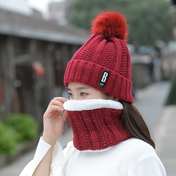 Fashion Winter Hat & Scarf Set For Women Girls Warm Beanies Ring Scarf Pompoms Winter Hats Knitted Caps And Scarf 2 Pieces/Set