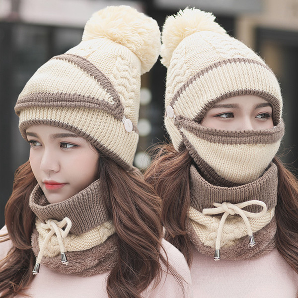 winter thick plus warm masks hat scarf autumn winter women's knit hat wool ball cover ear collar three set LJJR26