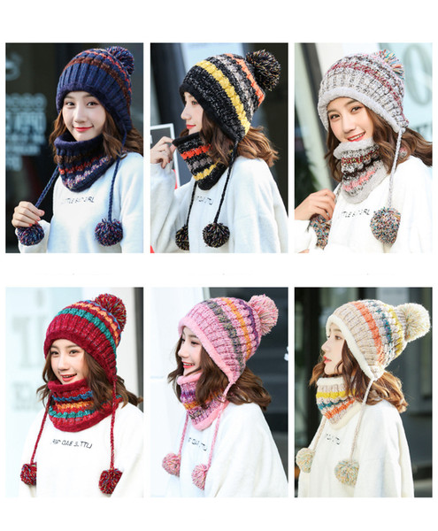 6styles Winter Wram Knitted Hat scarf set Double Thickening Beanie Hats Scarf Sets Student Teenagers Women Knitted Hat Cap FFA1219