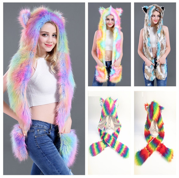 Women Colorful Faux Fur Hat Up Hood Animal Rainbow Hat Wolf Plush Warm Animal Cap With Scarf Gloves Party Scarf Mittens 5 styles mk719