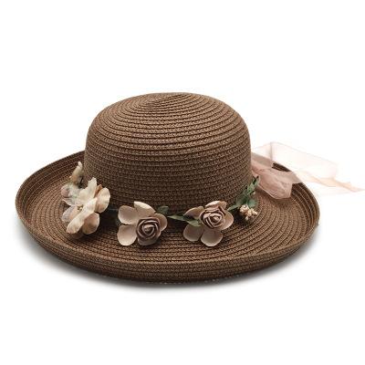 Summer Handmade Flower Straw Hat Women's Garland Sunbonnet Bucket Hat Roll-up Hem Beach Cap Sun Hat For Women