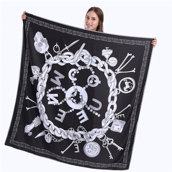 New Twill Silk Scarf Women Skull Key Printing Square Scarves Fashion Wrap Female Foulard Large Hijab Shawl Neckerchief 130*130CM