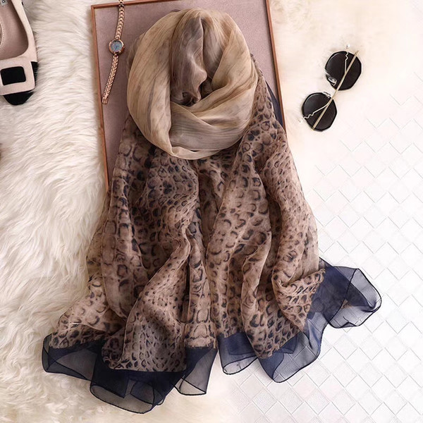 Women's fashion luxury designer scarf spring new silk scarf black bottom leopard print large shawl beach towel four colors to choose from