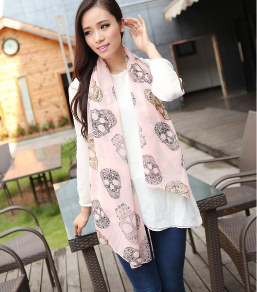 100% silk New Coming Women's New Style skull beige/pink color chiffon Long shawl dual action scarf