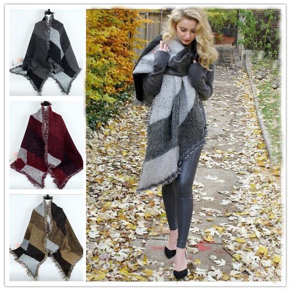 3 colors Women Winter Warm Blanket scarf Cashmere Plaid Wool Poncho scarf Cape Pashmina & Wool Scarf Shawl LA179-6