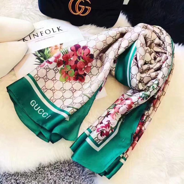 Luxury Brand Silk scarf for Women 2018 Summer Designer Full Logo Green Floral Flower Long Scarves Wrap With Tag 180x90Cm Shawls