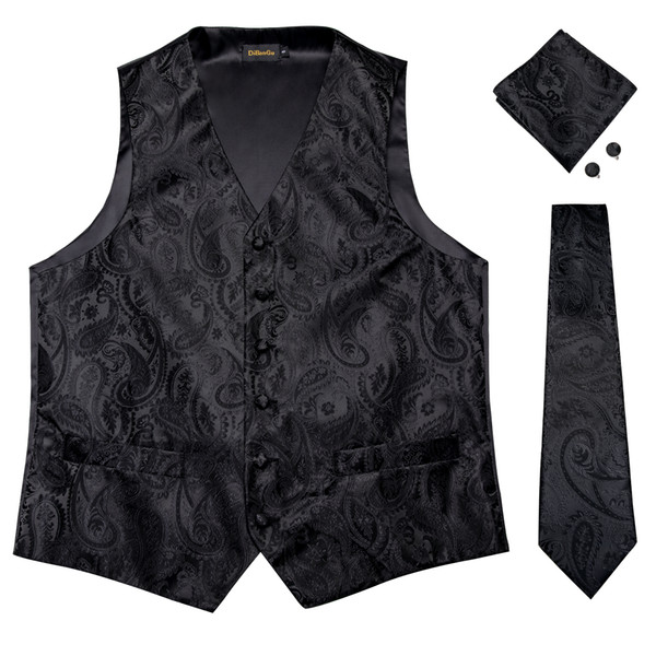 Hi-Tie Men's Classic Black Flaoral Jacquard Silk Waistcoat Vest Handkerchief Cufflinks Party Wedding Tie Vest Suit Set MJTZ-0109