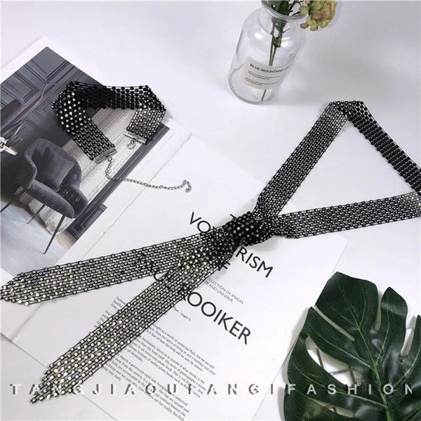 2019 new fashion versatile rhinestone neck tie embellished scarf ribbon women