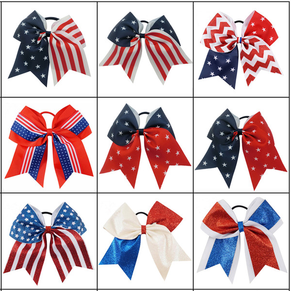 Wholesale Fashion Bow Patriotic Glitter Elastic Hair Ties Cheerleader Bow With Ponytail Holder For Girl Cheerleader