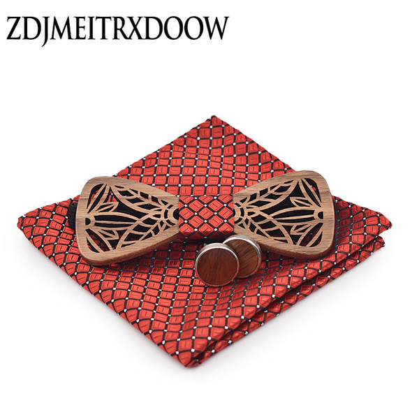 ZDJMEITRXDOOW wooden bow Tie set and Handkerchief Bowtie Necktie Cravate Homme Noeud Papillon Man Corbatas Hombre Pajarita D19011003