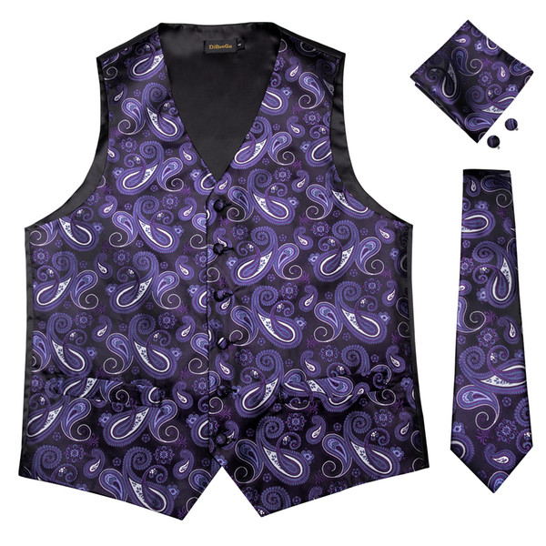 Hi-Tie Party Wedding Handkerchief Necktie Set Men's Classic Purple Paisley Floral Jacquard Waistcoat Vest Pocket Square Tie Suit MJTZ-0105