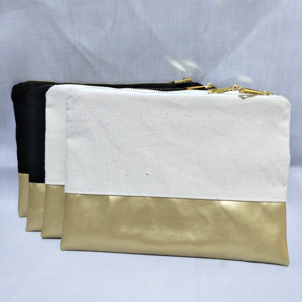 natural cotton/black canvas cosmetic bag with waterproof gold leather bottom matching color lining and gold zip 7x10in makeup bag