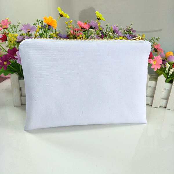 30pcs/lot white poly canvas makeup bag for sublimation print with white lining white-gold zip blank cosmetic bag for heat transfer print