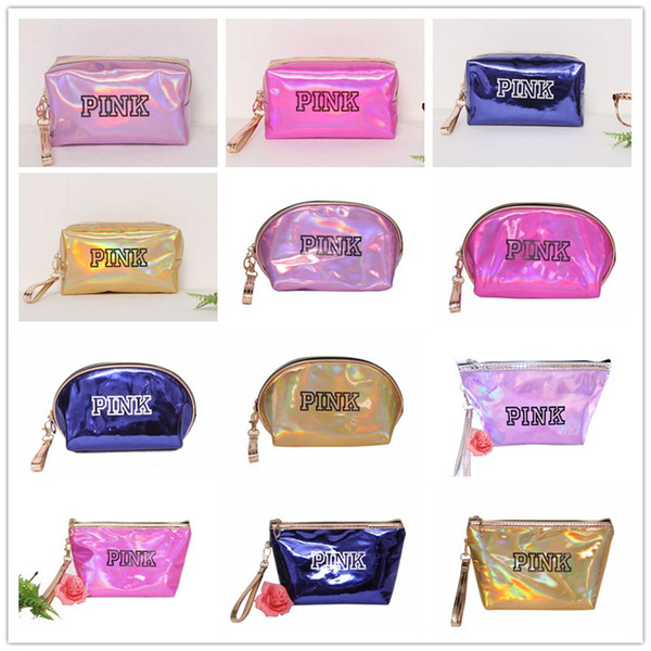 PINK Laser Cosmetic Bag Waterproof Makeup Bags Women Laser Flash Diamond Leather Bags 12 Colors 10pcs