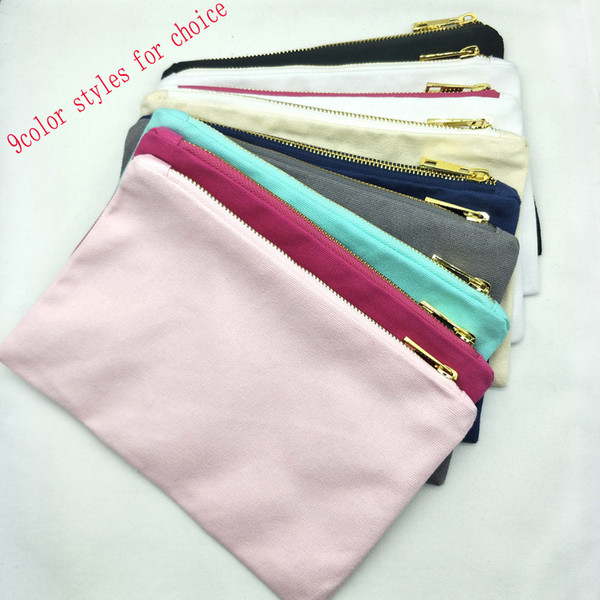 1pc blank cotton canvas makeup bag with gold zip gold lining black/white/cream/grey/navy/mint/hot pink/light pink toiletry bag in stock