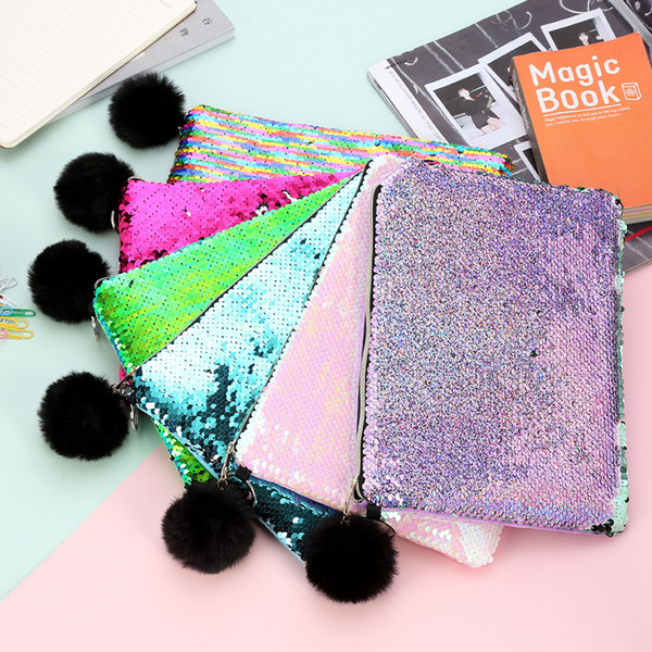 Bling Mermaid Sequin Makeup Bag Fur Ball Zipper Girls Love Pouch Pencil Case Storage Bags Portable Glitter Reversible Sequin Cosmetic Bag