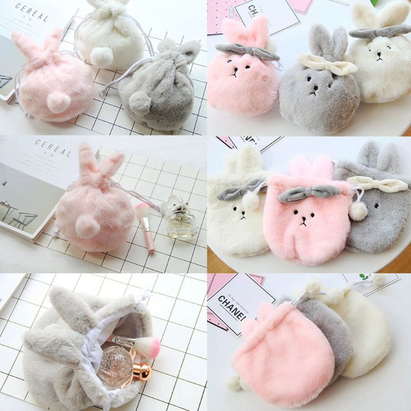 Fashion Women Girls Cute Rabbit Drawstring Plush Toiletry Cosmetic Bag Coin Card Money Holder Purse Phone Pouch Makeup Bag New