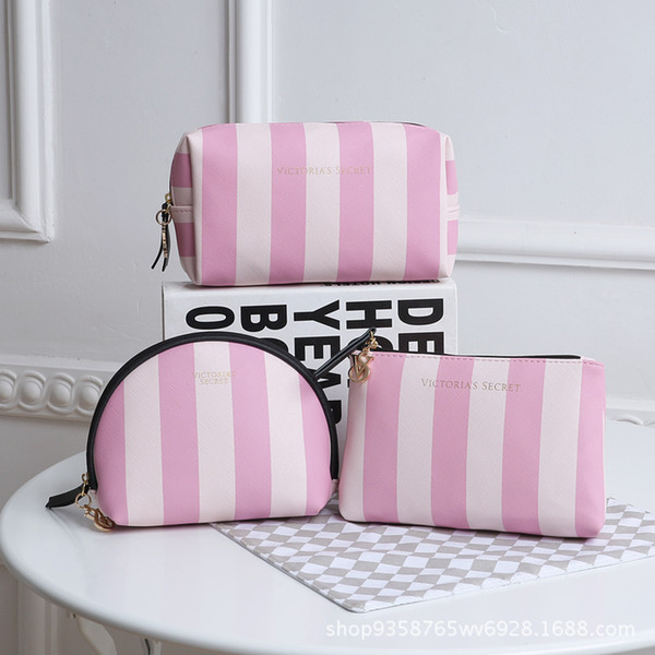 Wholesale-PU Leather V Pink Makeup Bag S Stripe Designer Toiletry Bag Women's Cosmetic Bag Luxury Brand Designer Handbag