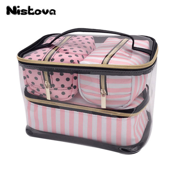 PVC Transparent Cosmetic Bag Travel Toiletry Bag Set Pink Make-up Organizer Pouch Makeup Case Beautician Vanity Necessaire Trip S923