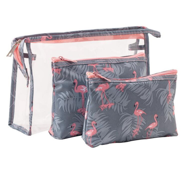 3 Set Women Flamingos Cosmetic Bag PVC Leather Zipper Travel Make Up Bag Transparent Makeup Case Organizer Storage Pouch Toiletry Bag