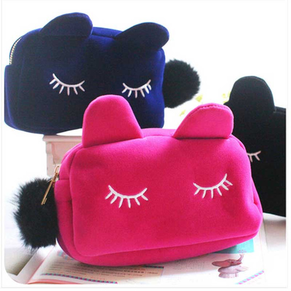 Makeup Cosmetic Bags Cases Portable Cartoon Cat Coin Storage Case Travel Makeup Flannel Pouch Cosmetic Bag 5 Colors Free Shipping