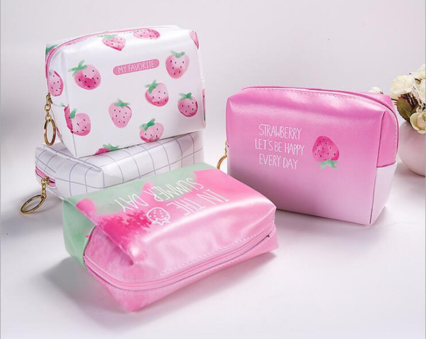 New Fashion Strawberry Pattern Womens PU Cosmetic Bags Party Home Funny Pretty Storage Cases Gifts Free Shipping