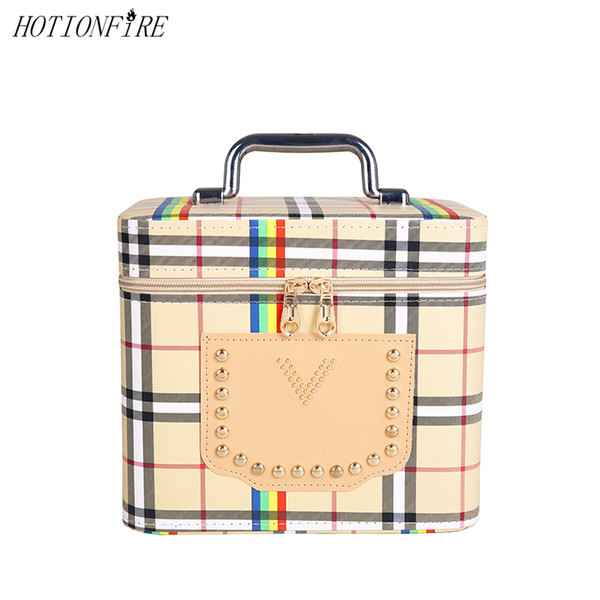 Women Cosmetic Case Square Flat Box Type Generous Portable Solid Clasp Fashion Large Capacity Portable MakeUp Bag Suitcase Hasp