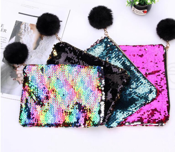 Mermaid Sequin Makeup Bag Fur Ball Zipper Pouch Pencil Storage Bags Portable Glitter Reversible Sequin Cosmetic Bag Handbag K150