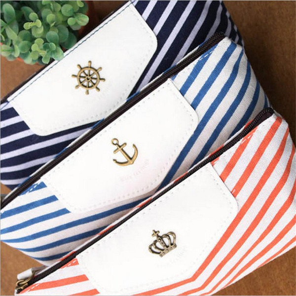 Wholesale- Vintage Navy Cosmetic Bag Striped Zipper Organizer Make up Bag Student Pen Bag Canvas Ladies Make up Travel Storage Box RD8773