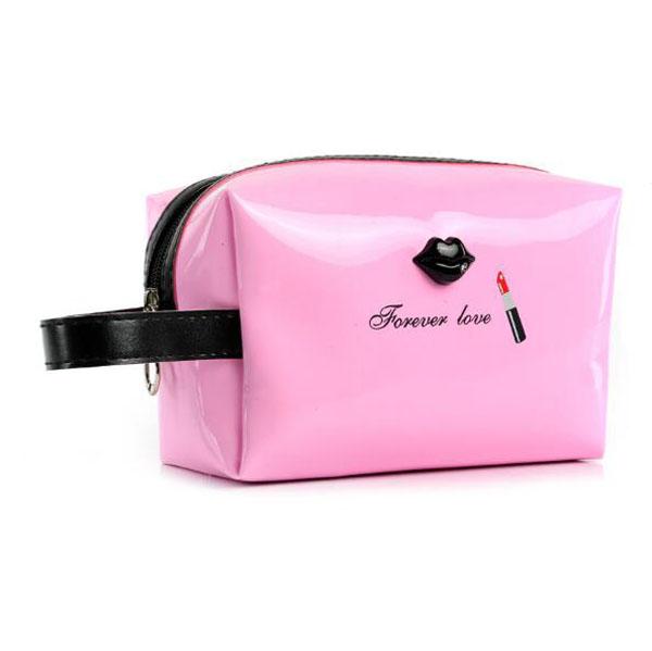 Waterproof cosmetic bag mirror synthetic leather PU make up brushes organizer, storage pouch lip, lipstick pattern make up bag