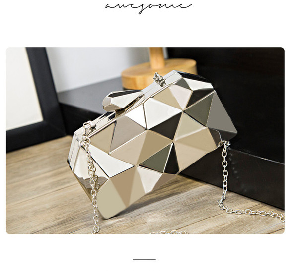 Women Metal Clutches Top Quality Hexagon Mini Party Black Evening Purse Silver Bags Gold Box Clutch