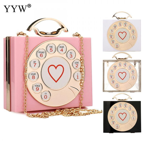 YYW New Elegant Brand Women Shoulder Clutch Bag Fashion Phone Box Bag Letter Acrylic Heart Party Evening Pink Box Clutch 2018