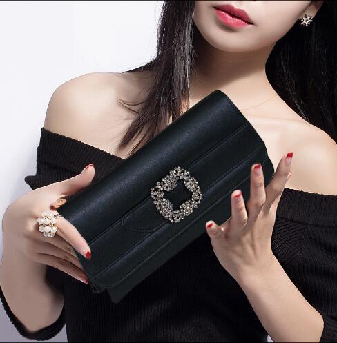 NO LogoEuropean classic fashion rhinestone buckle satin silk style evening bag party bag chains clutch women purse handbag