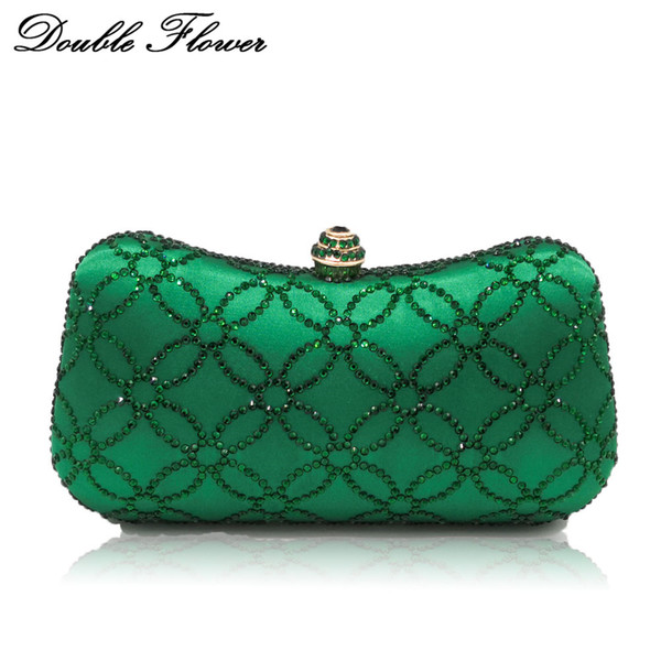 Double Flower Chinese Coins Numismatics Green Emerald Women Crystal Evening Clutch Handbag Purse Wedding Party Shoulder Bag