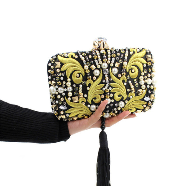 Wholesale-Luxurious Pearl Beads Diamonds Gold Embroidery Clutch Black Tassels Crystal Evening Bag Bridal Wedding Handbag With Chain JXY636