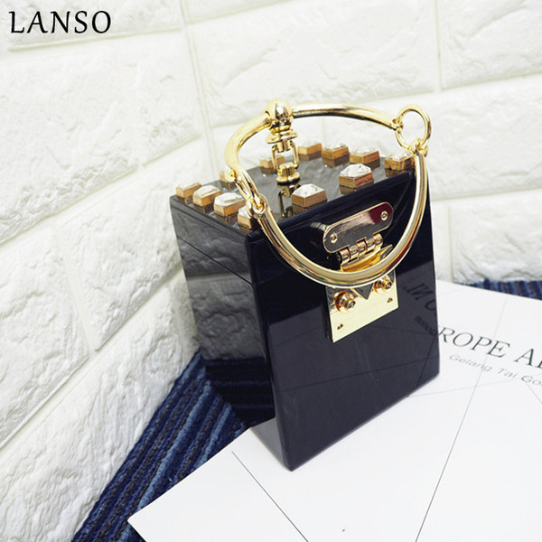 LANSO Round Ring Handle Casual Luxury Diamond Lock Handbag Fashion Hard Box Personality Acrylic Women Evening Bags