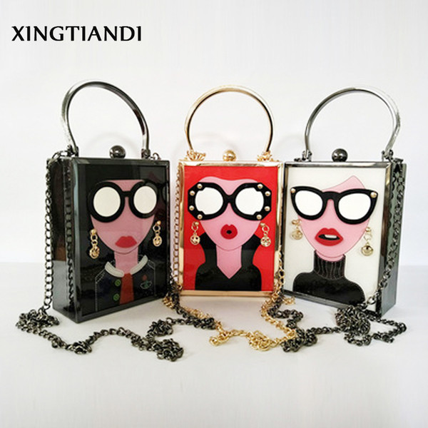 Brand Luxury Vintage Acrylic Evening Bag Women Funny Cute Handbags White Red Mini Party Purse Glasses Girls Chain Day Clutch