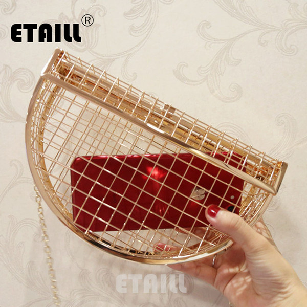 ETAILL Hollow Out Metal Plaid Evening Dress Bag Box Cage Ladies Clutch Bag 2018 Solid Party Luxury Fashion Chain Shoulder