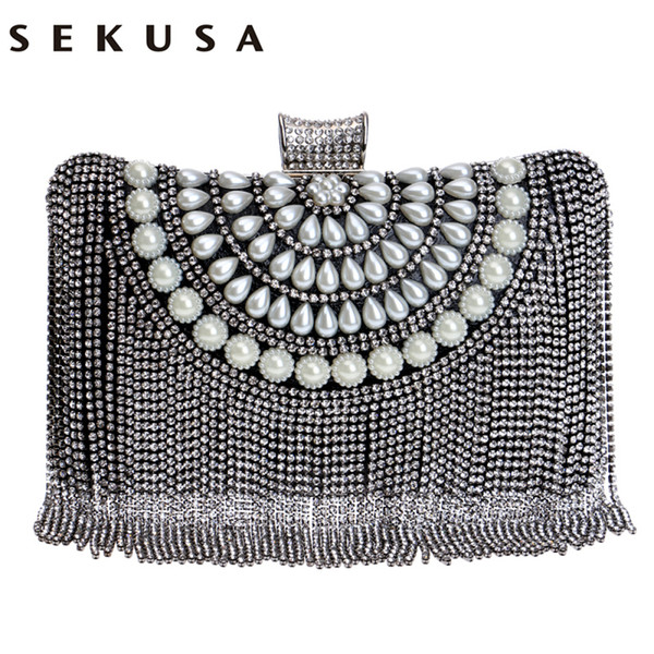 SEKUSA Tassel Rhinestones New Women Evening Bags Diamonds Beaded Wedding Lady Handbags Metal Small Purse Messenger Evening Bag