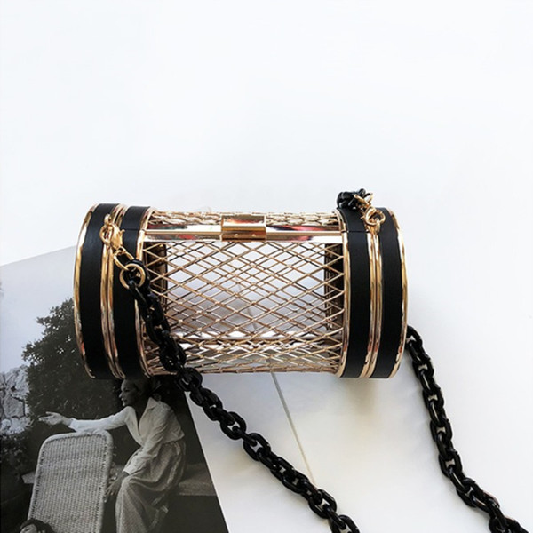 Women Evening Clutch Bag Acrylic Chain Boutique Metal Hollow Barrel Shoulder Handbag Party Messenger Crossbody Purse