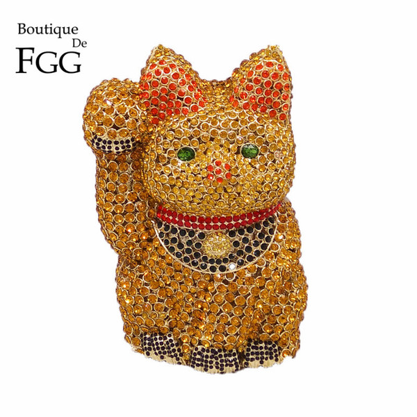 Dazzling Crystal Fortune Luck Cat Shape Women Gold Evening Bag Wedding Party Metal Clutches Purses Bridal Diamond Clutch Bag