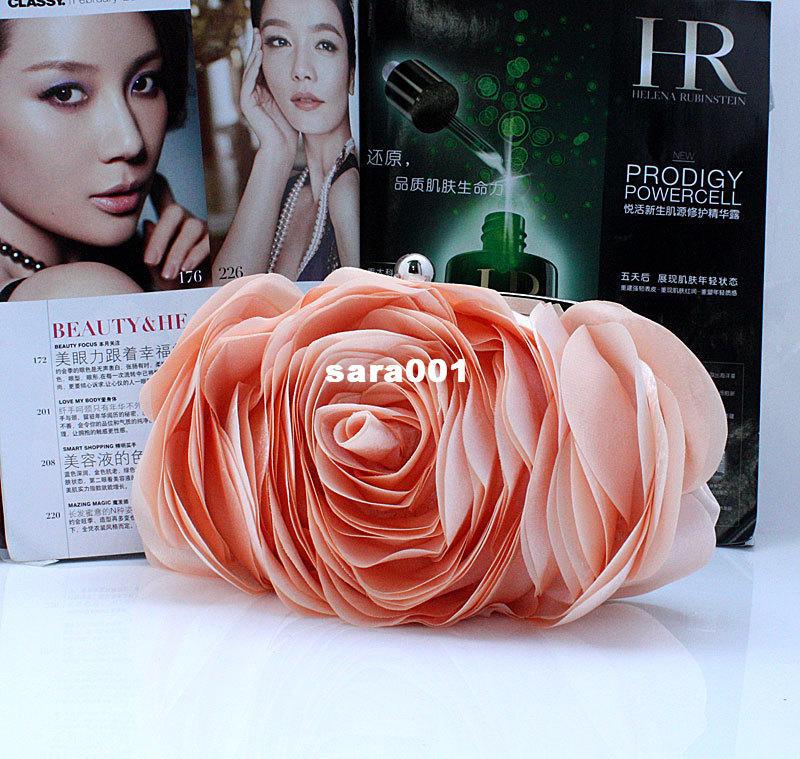 Punk Style Lovely Women's Flower Satin Evening Bags Oval Rose Flower Clutch Purse Floral Party Handbag NO08652