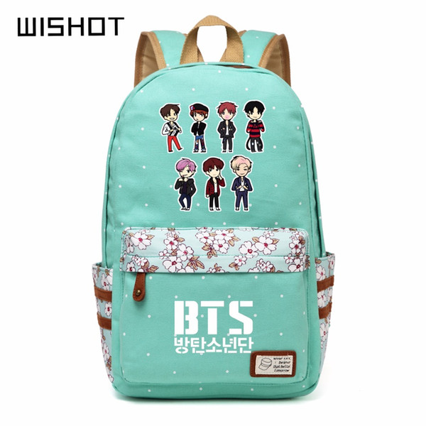 Wishot Bangtan Boys Bts Rap Monste Canvas Bag Flower Wave Point Rucksacks Backpack Girls Women Student School Travel Bags