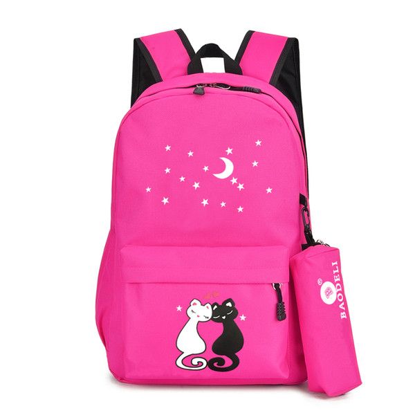 Cute Cats School Backpack For Girls With Pen Bag High Quality Canvas Bookbag Moon Stars Decorated Pink Women Bagback With Zipper