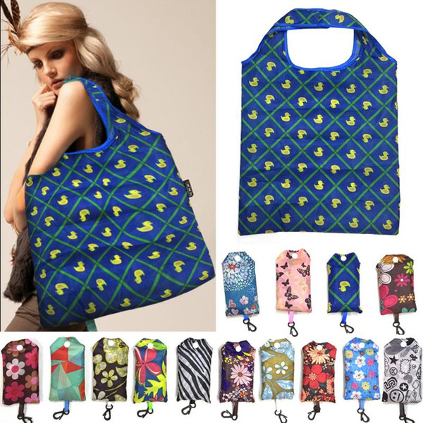 Wholesale- Women Portable Nylon Folding Shopping Bag Print Shoulderbag Reusable Large Shoulder Bag Market Beach Holiday Laundry Bags