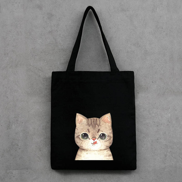 Canvas shopping bag print cat or girl patterns reusable shopper bag 21 inch tote zipper carrier bag black/white